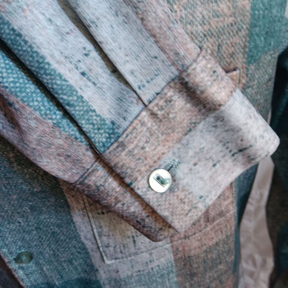 Large  Vintage Men's Disco Shirt 1970's Joel Checker Green Polyester Stretch USA - Picture 5 of 6